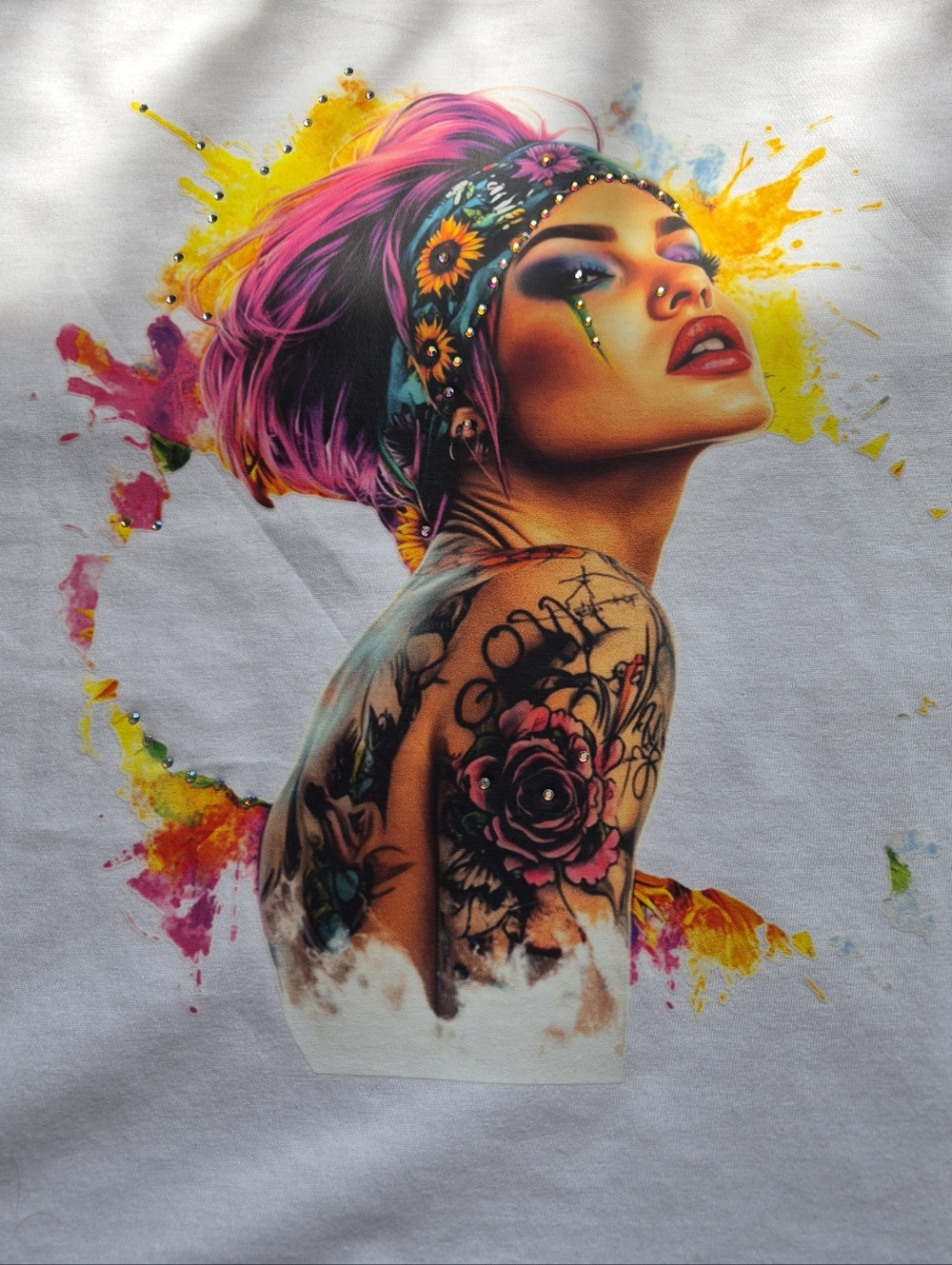 Hand-crystalled bandana, eyes, and floral accents.🧼 Care: Hand wash only, air